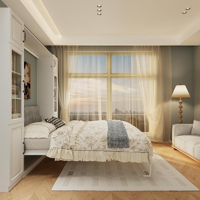 Bobve Farmhouse Murphy Bed Queen,85" Wall Bed Folds to Save Space,Concealed Bed Frame with 2 Glass Storage Cabinets(Small) and Wall Mounted Features for Apartment/Office/Guest Room