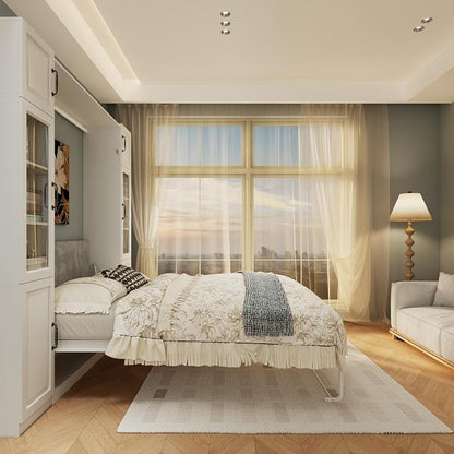 Bobve Farmhouse Murphy Bed Queen,85" Wall Bed Folds to Save Space,Concealed Bed Frame with 2 Glass Storage Cabinets(Small) and Wall Mounted Features for Apartment/Office/Guest Room