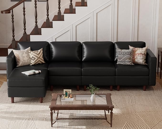 ABCASA Faux Leather Modular Sectional Sofa 118.5", L Shaped Couch Set for Living Room, 5-Seater Comfy Cloud Couches with Movable Storage Ottoman,DIY Combination - Black