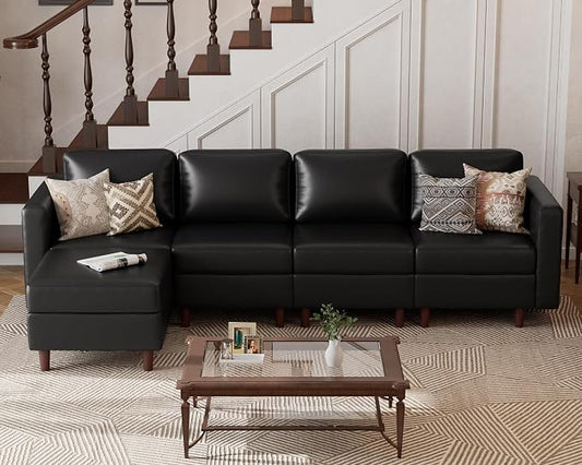 ABCASA Faux Leather Modular Sectional Sofa 118.5", L Shaped Couch Set for Living Room, 5-Seater Comfy Cloud Couches with Movable Storage Ottoman,DIY Combination - Black