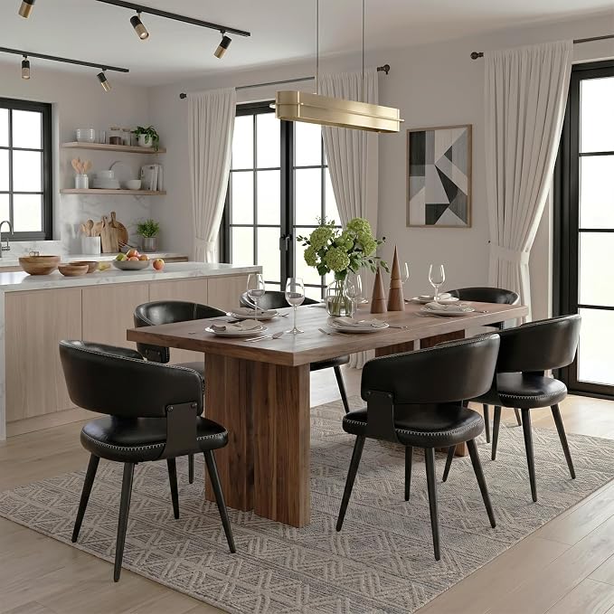 Dining Chairs Set of 6, Modern Upholstered Faux Leather Kitchen Chairs with Elegant Stitching, Easy to Assemble & Clean for Dining Room, Restaurant, Cafe, Vintage Black