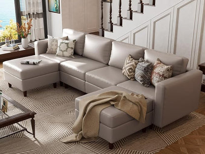 ABCASA Oversized Modular Sectional Sofa, 118.5" Faux Leather 6 Seater U Shaped Couch with Movable Ottoman and Storage Seat with Reversible Chaise Deep Seat for Living Room Whitesand