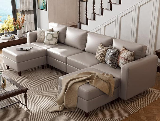 ABCASA Oversized Modular Sectional Sofa, 118.5" Faux Leather 6 Seater U Shaped Couch with Movable Ottoman and Storage Seat with Reversible Chaise Deep Seat for Living Room Whitesand