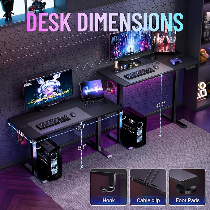Veken 55 Inch Large Electric Standing Gaming Desk, Heights Adjustable,Sit to Stand Up, Work Home Office Computer Table for Study, Walking Pad, Writing, and Games, Wooden Desktop Desks, Black | Height Adjustable Sit Stand Up Computer Tables for Home Off...