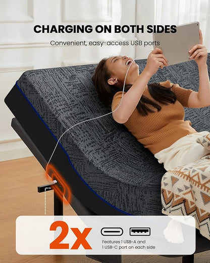 Amada Queen Adjustable Bed Frame and 14 Inch Cooling Gel Memory Foam Mattress Set, Head & Foot Incline, Wireless Remote, USB Ports, LED Night Light, Medium Firm Support