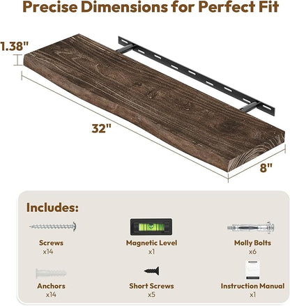 Vivelove Live Edge Floating Shelves for Wall Solid Elm Wood, Rustic Farmhouse Wall Shelf with Invisible Bracket for Living Room Bedroom Bathroom Office Book, 32 Inches - Set of 2 - Dark Walnut