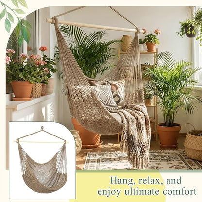 Barydat 2 Pcs Hanging Hammock Chair Boho Swing Chair Outdoor Indoor Comfy Soft Cotton Rope Weaving with 40 Inch Detachable Metal Bars for Backyard Living Room Garden, 270lb Capacity (Brown)