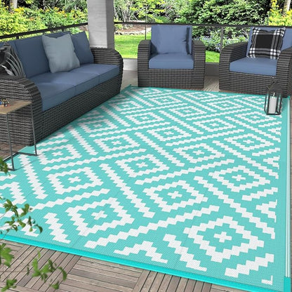 GENIMO Outdoor Rug for Patio Clearance, 6'x9' Waterproof Camping Mat, Reversible Plastic Straw Rugs for RV, Camper, Balcony, Backyard, Picnic, Deck (Aqua Blue & White)