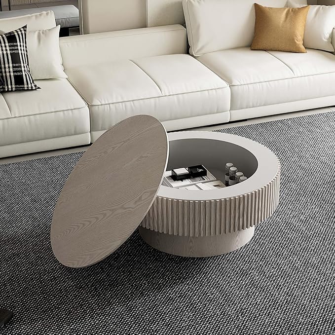 Round Coffee Table with Storage, Modern Wooden Coffee Table with Solid Wood Veneered, Circle Center Table Accent Tea Table for Living Room Small Space (31.5''L × 31.5''W × 14''H, Retro White)