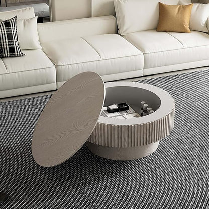 Round Coffee Table with Storage, Modern Wooden Coffee Table with Solid Wood Veneered, Circle Center Table Accent Tea Table for Living Room Small Space (31.5''L × 31.5''W × 14''H, Retro White)