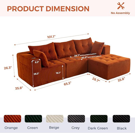 MAXYOYO Modular Sectional Sofa Couch, L Shaped Modern Cloud Couch with 1 Ottoman, Sofa in A Box, Tufted 4-Seat Boneless Chair for Living Room, No Assembly Required, Orange