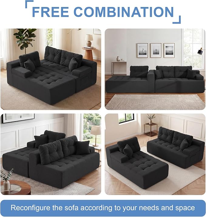 Hobestluk Modular Sectional Sofa Couches L-Shape Couch 3 Seat Modular Sofa Memory Foam Sectional Couches for Living Room, Cloud Couch with Oversized Chaise (Black Tufted, 108", Left Hand Facing)