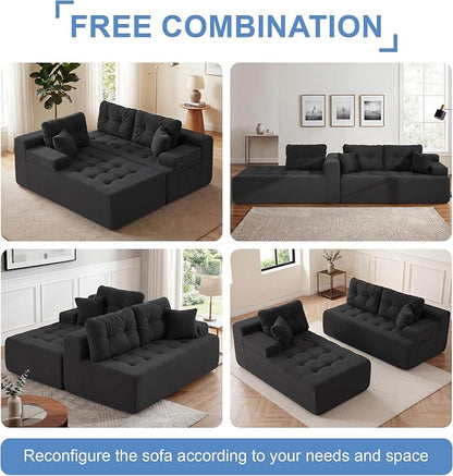 Hobestluk Modular Sectional Sofa Couches L-Shape Couch 3 Seat Modular Sofa Memory Foam Sectional Couches for Living Room, Cloud Couch with Oversized Chaise (Black Tufted, 108", Left Hand Facing)