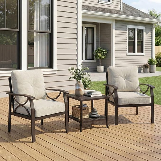 RoyalCraft Outdoor Patio Furniture Set, 3 Pieces Metal Patio Conversation Set with Side Table for Porch Garden Backyard, Beige