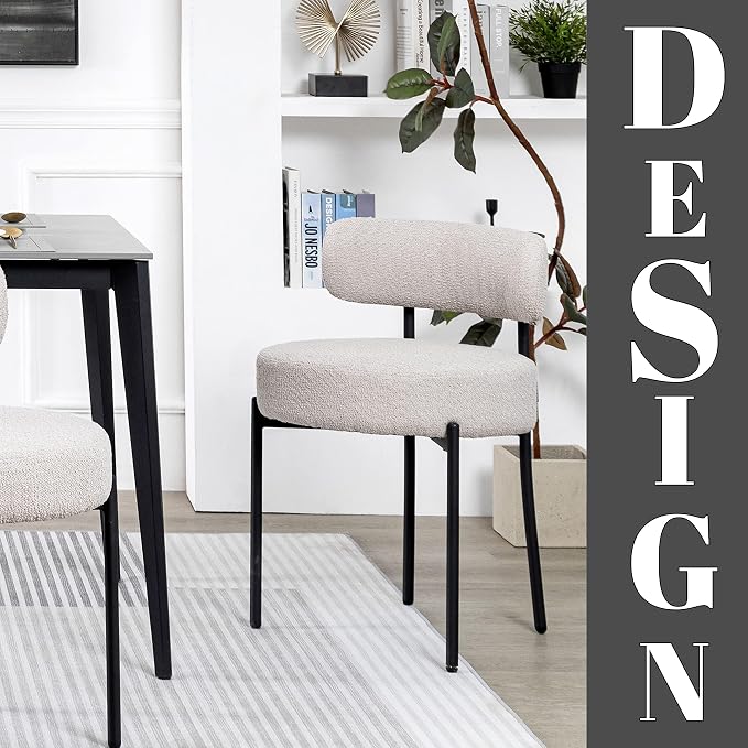 DYHOME Light Grey Boucle Dining Chairs Set of 4, Upholstered Kitchen Dining Room Chairs with Metal Legs, Round Modern Dining Room Chairs