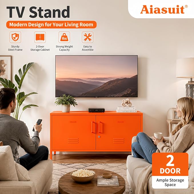 Wide Lockable Metal TV Stand with Accent Cabinet Locker, Heavy Duty Entertainment Center for Bedroom, Adjustable Shelves & 2 Doors, Multifunctional Storage Cabinet for Home 22"H X 35.4"W X 13.8"D