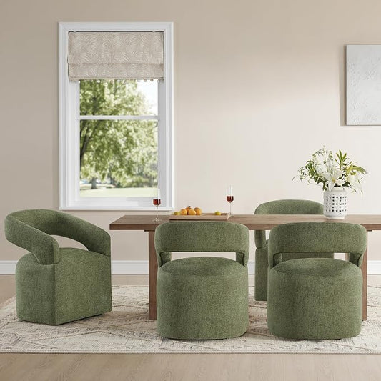 KISLOT Upholstered Dining Chairs Set of 4, Modern Rolling Dining Chairs with Hidden Casters, Arm Kitchen Chairs with Linen Look Fabric, Padded Barrel Chairs for Dining Room, Kitchen, Bedroom, Green