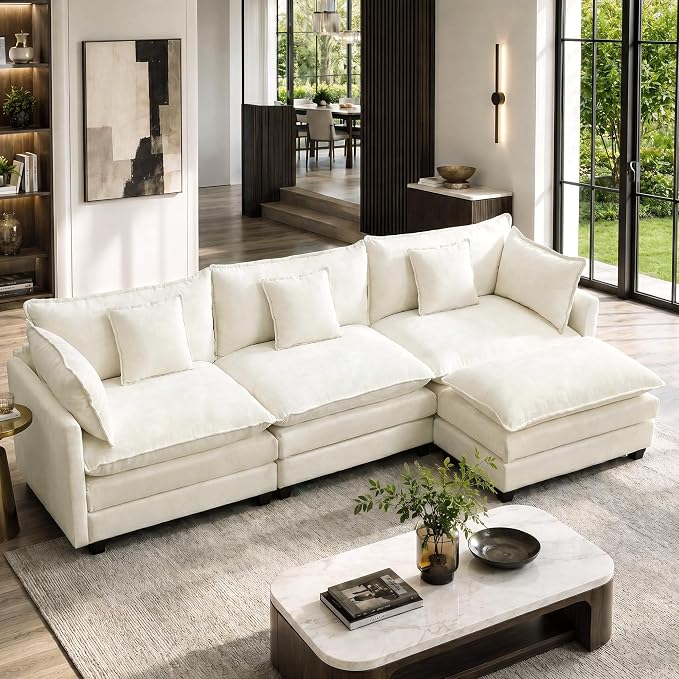 113” Modular Sectional Sofa, L Shaped Cloud Couches for Living Room, Beige | Comfy Chenille, Deep Seat, Bedroom, Apartment, Throw Pillow, Removable Washable Cover, Movable Ottoman, Easy Assembly, Modern