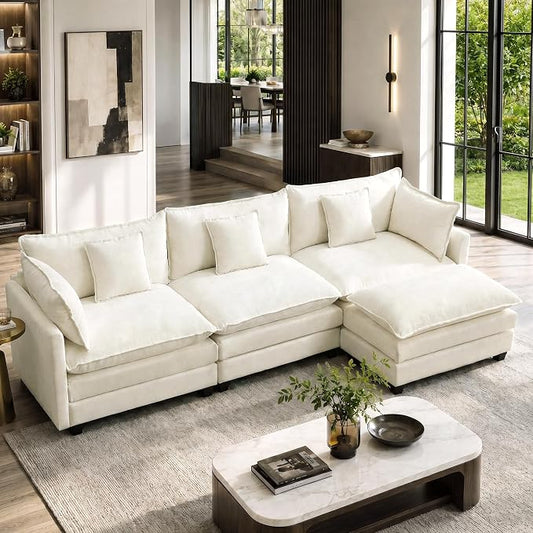 113” Modular Sectional Sofa, L Shaped Cloud Couches for Living Room, Beige | Comfy Chenille, Deep Seat, Bedroom, Apartment, Throw Pillow, Removable Washable Cover, Movable Ottoman, Easy Assembly, Modern