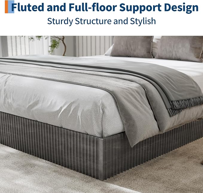 Garvee Twin Bed Frame, Wood Platform Bed with Fluted Design, Low Profile BedFrame, Minimalist Bed Base with Noise-Free, Easy Assembly, No Box Spring Needed, Charcoal Grey