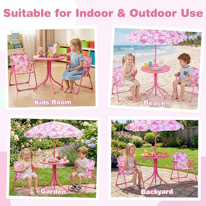 Costzon Kids Picnic Table, Kids Outdoor Table with 2 Folding Chairs, Height Adjustable Umbrella, Portable Children Outdoor Furniture for Patio, Garden, Backyard (Pink Flowers)