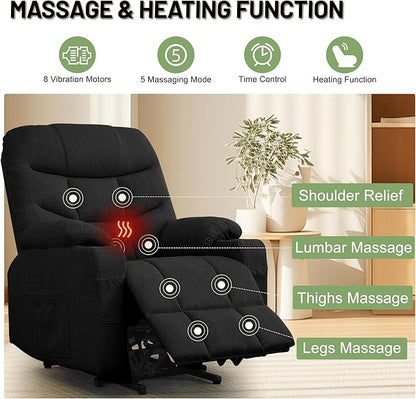 Korser Power Recliner Chair with Massage and Heating, Electric Recliner Chair for Elderly and Adults, Power Lift Recliner with Remote Control and Cup Holders for Living Room, Linen Fabric, Black