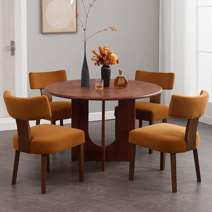 RIVOVA Set of 4 Modern Dining Chairs, Farmhouse Velvet Upholstered Dining Room Chairs Kitchen Chairs Side Armless Chairs with Curved Backrest Wood Legs, Yellow Brown