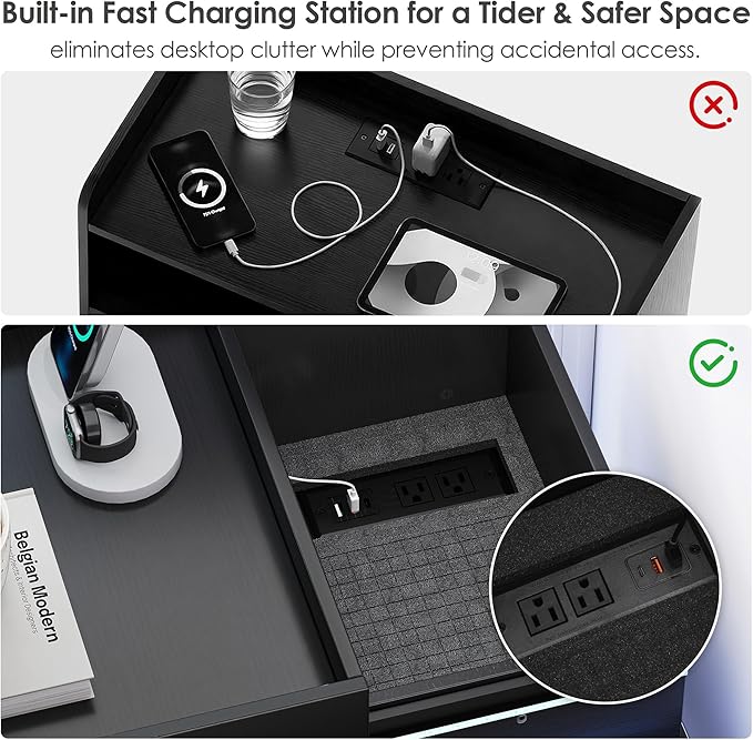 Black Nightstand with Charging Station, Hidden Sliding Top Compartment with USB-C, 2 USB Ports & 2 Outlets, Modern Night Stand with Drawers for Bedroom