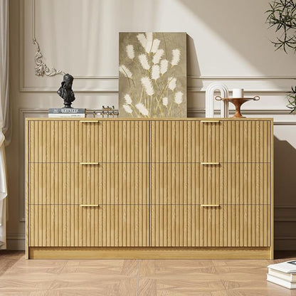 MAISONARIA 3-Piece Dresser Bedroom Set, 6 Drawer Dresser & 3 Drawer Nightstands with Gold Handles, Fluted Wood Chest of Drawers for Bedroom, Living Room, Entryway, Natural