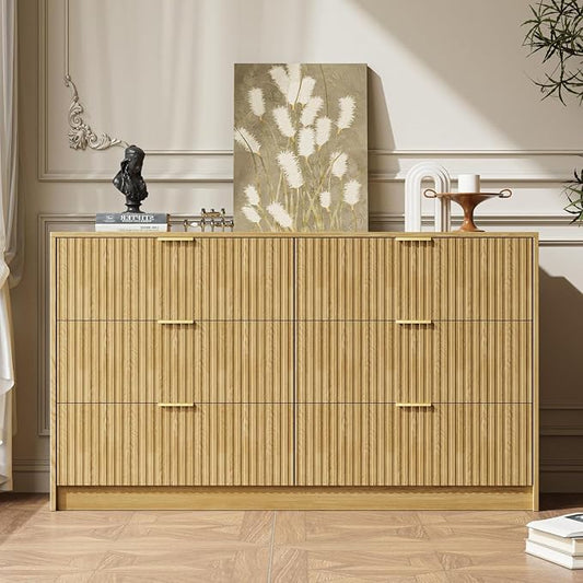 MAISONARIA 3-Piece Dresser Bedroom Set, 6 Drawer Dresser & 3 Drawer Nightstands with Gold Handles, Fluted Wood Chest of Drawers for Bedroom, Living Room, Entryway, Natural