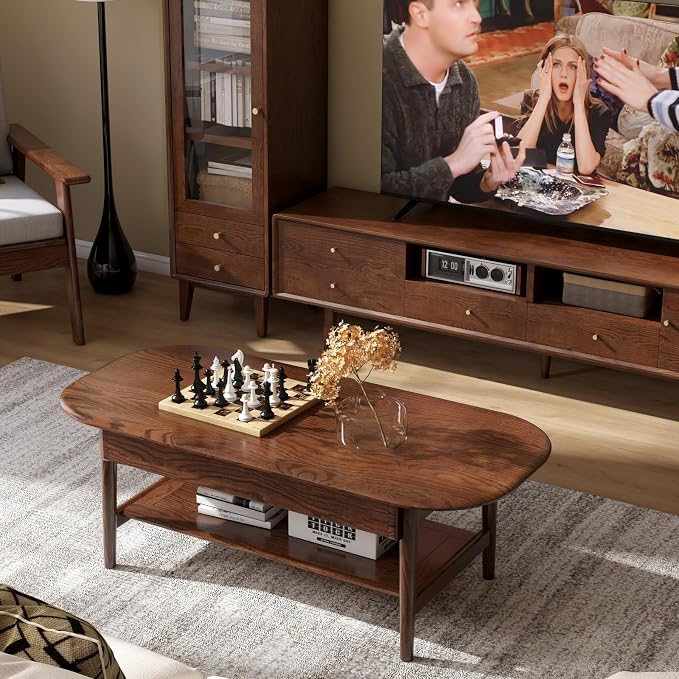 100% Solid Oak Wood Coffee Table for Living Room, 2-Tier Mid-Century Modern Table with 2 Drawers & Open Shelf, Living Room Table with Rounded Corner for Home (Oak Walnut Finish, 47.24'' W)