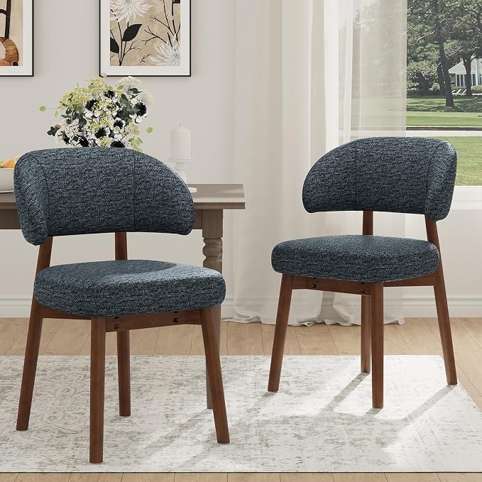 MALOL Wooden Dining Chairs Set of 2, Modern Upholstered Dining Room Chair, Fabric Kitchen Side Chairs with Curved Open Back for Living Room/Restaurant/Cafe, Dark Blue