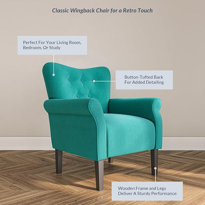 BELLEZE Modern Accent Chair, High Back Armchair, Upholstered Wingback Side Chair, Padded Single Sofa with Wooden Legs for Living Room, Bedroom - Mallard Teal