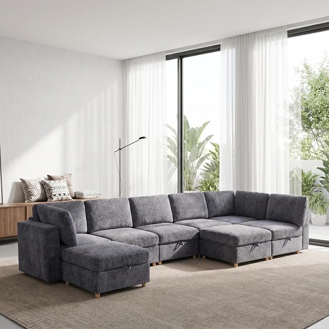 ERYE 132-Inch Oversized U Shaped Sectional Sofa 8 Seat Modular Storage Sofa Couch W/Deep Seat,Skin Friendly Plush Chenille Upholstered Corner Convertible Sectional W/Movable Ottoman