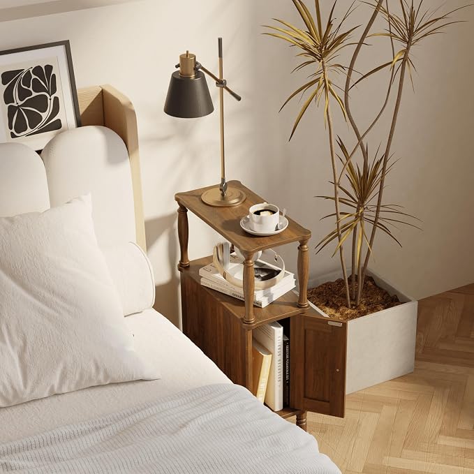 Veegle Narrow Nightstand,Skinny End Side Table (Walnut Brown) | Mid-Century Modern Night stand with Storage,Bedside Table for Bedroom and Living Room