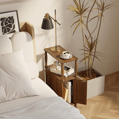 Veegle Narrow Nightstand,Skinny End Side Table (Walnut Brown) | Mid-Century Modern Night stand with Storage,Bedside Table for Bedroom and Living Room