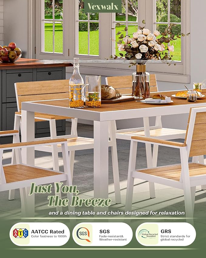 Vexwalx Outdoor Dining Chairs Set of 2, HDPS + Aluminum Patio Dining Chairs with Ergonomic Design and Wide Seat, 2 Piece Outdoor Chairs for Garden, Backyard, Deck (White-Teak)