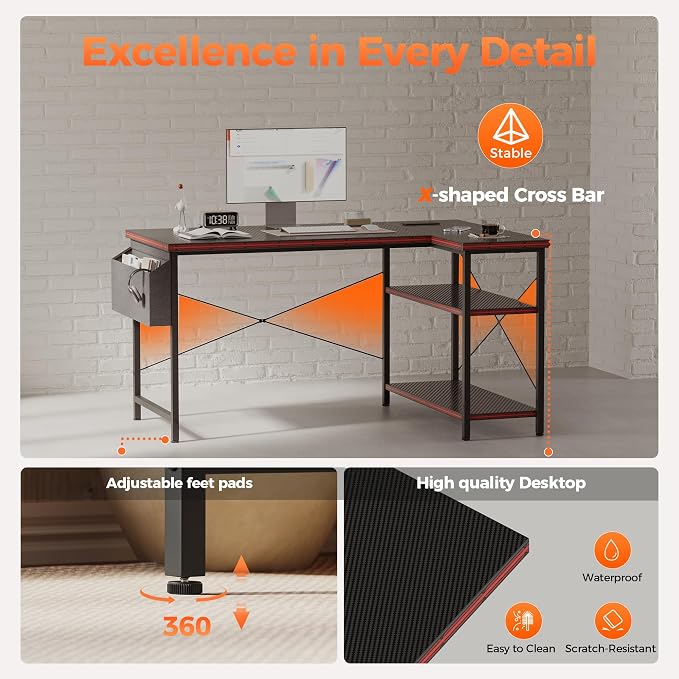 Mericonia Small L Shaped Computer Desk with Power Outlets, Reversible Gaming Desk with Storage Shelves, Corner Gamer Desk Table, Study Writing Table