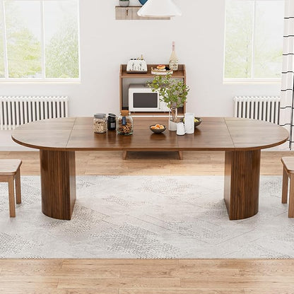 43-95 Inch Oval Extendable Dining Table for 4-10, Fluted Space Saving Long Round Kitchen Table with 3 Leaf, 2 Storage, Mid Century Modern Dining Room Dinner Table for Living Room, Walnut