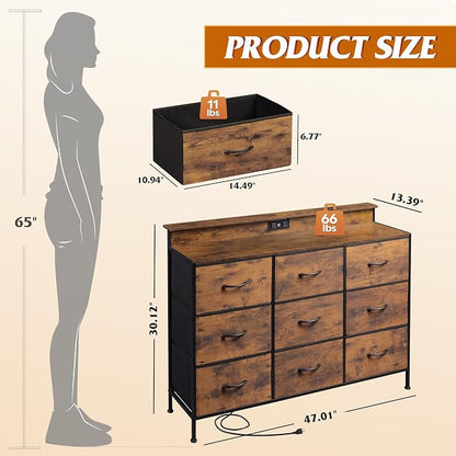 WLIVE Dresser TV Stand for 45, 50, 55 inch TV, Entertainment Center with LED Lights & Charging Station, Chest of Drawers with 9 Fabric Drawers and Open Shelves for Living Room, Hallway, Rustic Brown