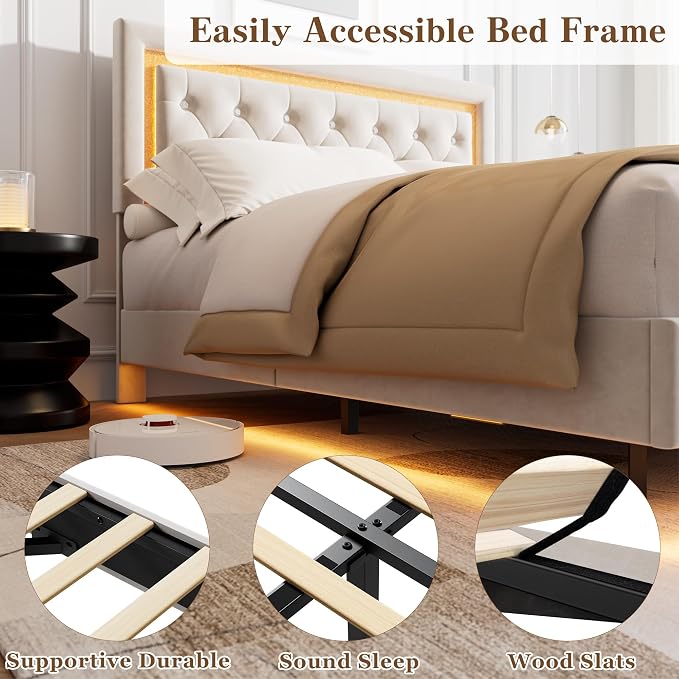 Garvee Floating Bed Frame Full Size with Smart Led Lights, Upholstered Platform Bed with Diamond Headboard, Solid Wood Slats Support, No Box Spring Needed, Noise-Free, Easy Assembly, White