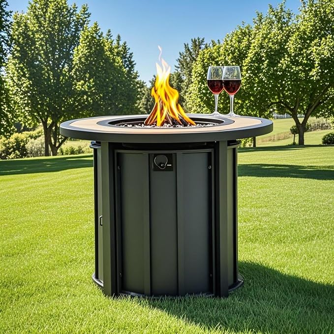30" Propane Gas Fire Pit Table, 50000 BTU Round Outdoor Fire Pit with Mosaic Ceramic Tabletop, Steel Patio Fire Table with Lid & Rain Cover for Backyard Deck Garden, Black