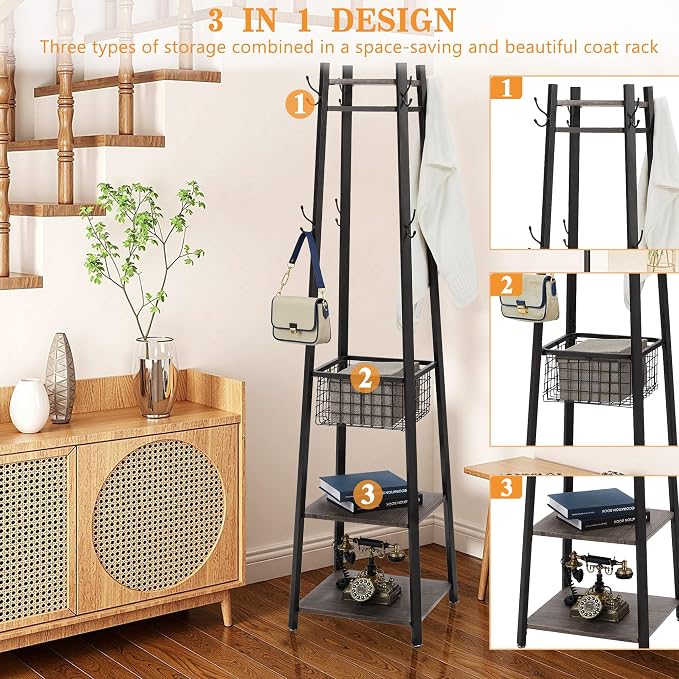 VECELO Coat Rack Freestanding,Hall Tree with Metal Basket and Storage Shelves,Industrial Coat Rack Stand with 8 Hooks for Hanging Coats/Hats/Bags/Umbrellas,18 x 18 x 72 In,Antique Brown