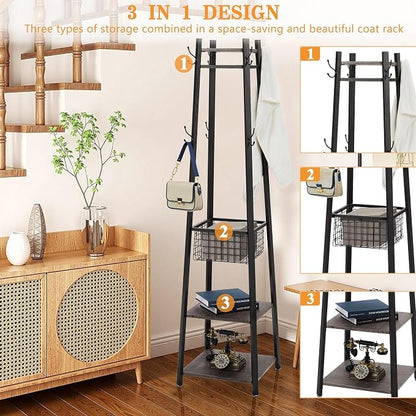 VECELO Coat Rack Freestanding,Hall Tree with Metal Basket and Storage Shelves,Industrial Coat Rack Stand with 8 Hooks for Hanging Coats/Hats/Bags/Umbrellas,18 x 18 x 72 In,Antique Brown