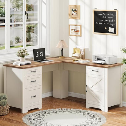 Halitaa 59” L Shaped Executive Desk with Power Outlets, Farmhouse Home Office Desk with File Drawer,Storage Cabinet, Wood Corner Sturdy Writing Workstation.White-Brown