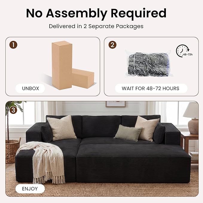 GRUSIGN 106" Oversized Sectional Boneless Sleeper Sofa Bed Couches for Living Room, Modular L Shaped Couch with Left Facing Chaise & Big Ottoman, Compressed Spineless Corduroy Cloud Sofas, Black