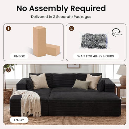 GRUSIGN 106" Oversized Sectional Boneless Sleeper Sofa Bed Couches for Living Room, Modular L Shaped Couch with Left Facing Chaise & Big Ottoman, Compressed Spineless Corduroy Cloud Sofas, Black