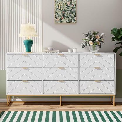 Anbuy Morden 9 Drawer Dresser and Nightstand Sets for Bedroom, Night Stand Set of 2 & 9 Drawer Dresser with Gold Handles, Morden Wood Chest of Drawers Storage Cabinet Set, White