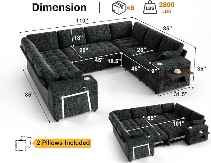 Vipbear 111" Modular Sectional Sleeper Sofa with Pull Out Bed, 8 Seat Chenille U Shaped Couch with 2 Pull-Out Beds|USB Ports|Cup Holders|Side Table|LED Light, Tool Free Assembly, Black