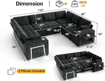 Vipbear 111" Modular Sectional Sleeper Sofa with Pull Out Bed, 8 Seat Chenille U Shaped Couch with 2 Pull-Out Beds|USB Ports|Cup Holders|Side Table|LED Light, Tool Free Assembly, Black